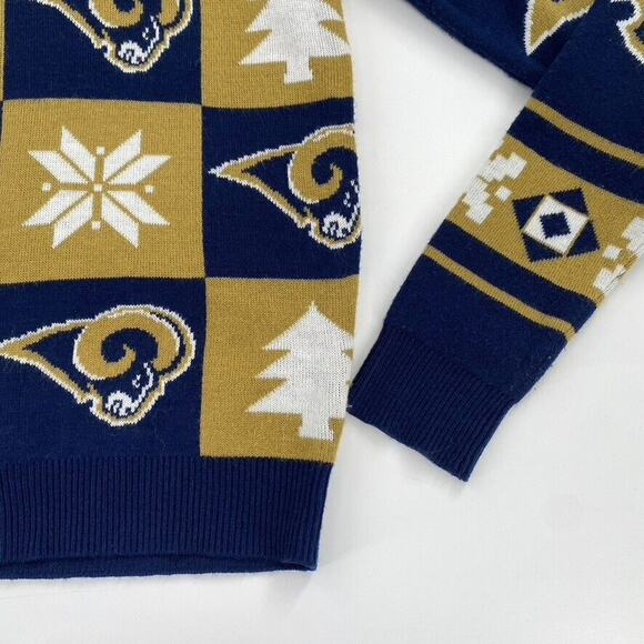 Los Angeles LA Rams NFL Sz S Mens Holiday X-Mas Sweater Graphic Print Blue Gold - Picture 9 of 9
